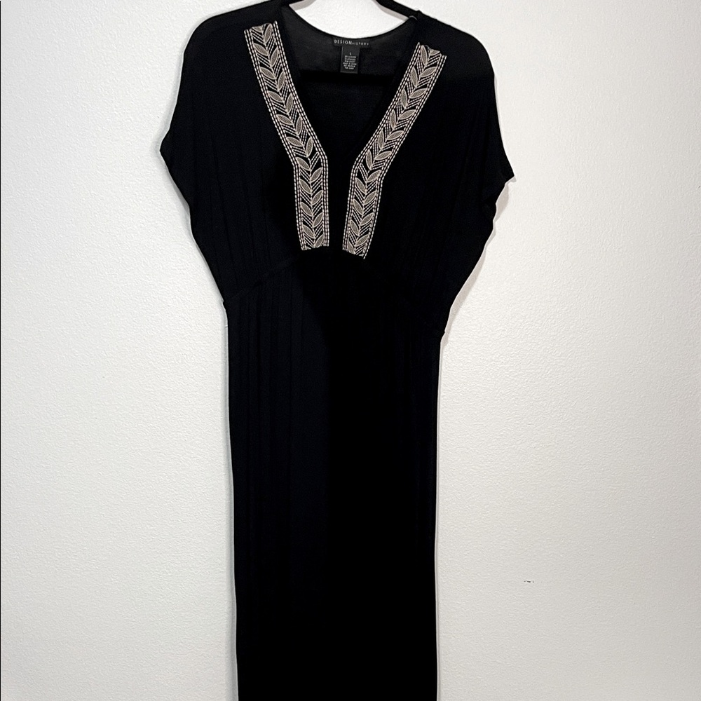 Design History Black Empire Waist Maxi Dress Embroidered Neckline Size Large